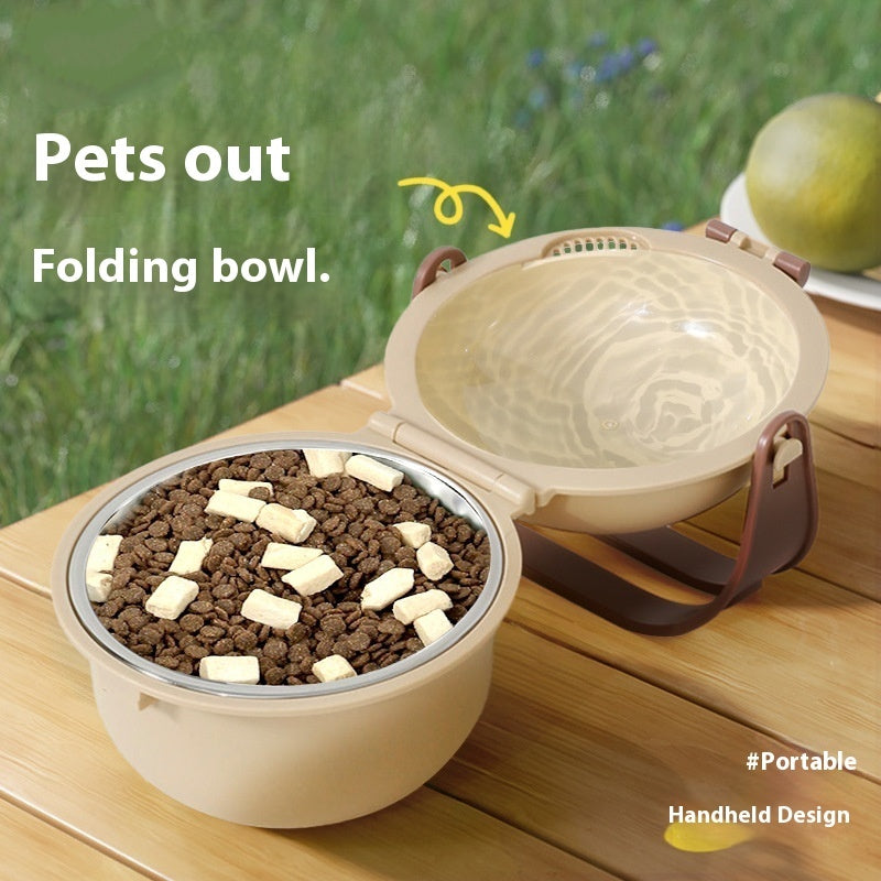 Portable collapsible dog feeding bowl in apricot for travel and camping
