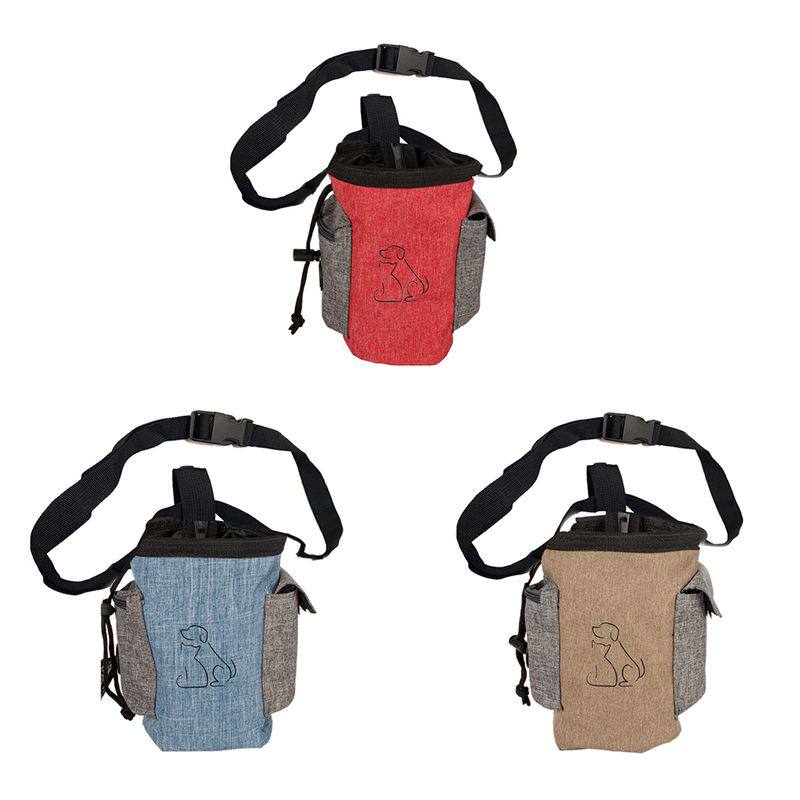 Blue dog treat pouch for hiking and training with clip attachment