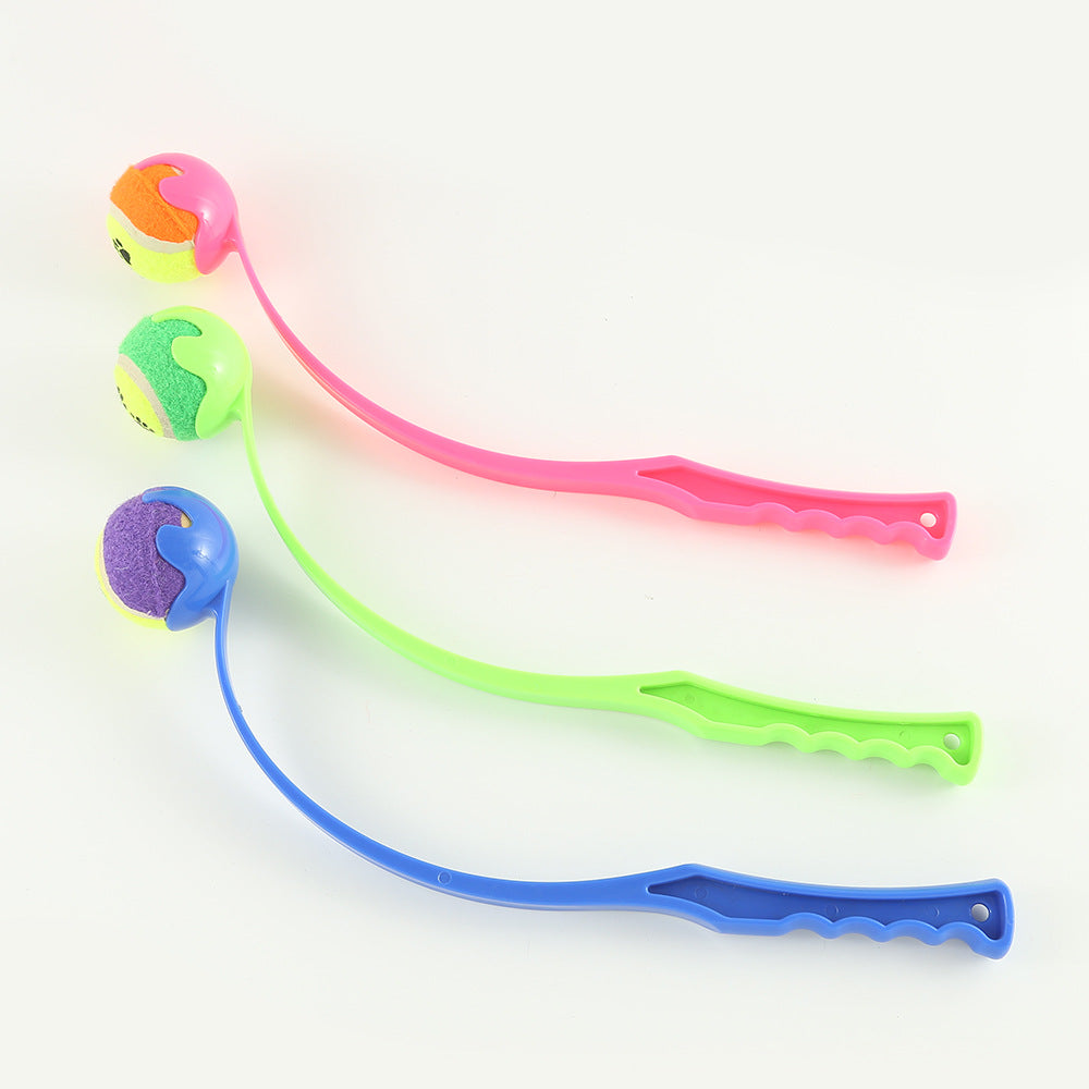 Blue dog ball launcher stick comparison showing extended throwing range