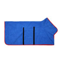 Blue microfibre dog drying robe wrapped around dog after bath