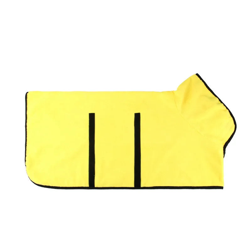 Yellow dog drying robe in M size on medium breed dog