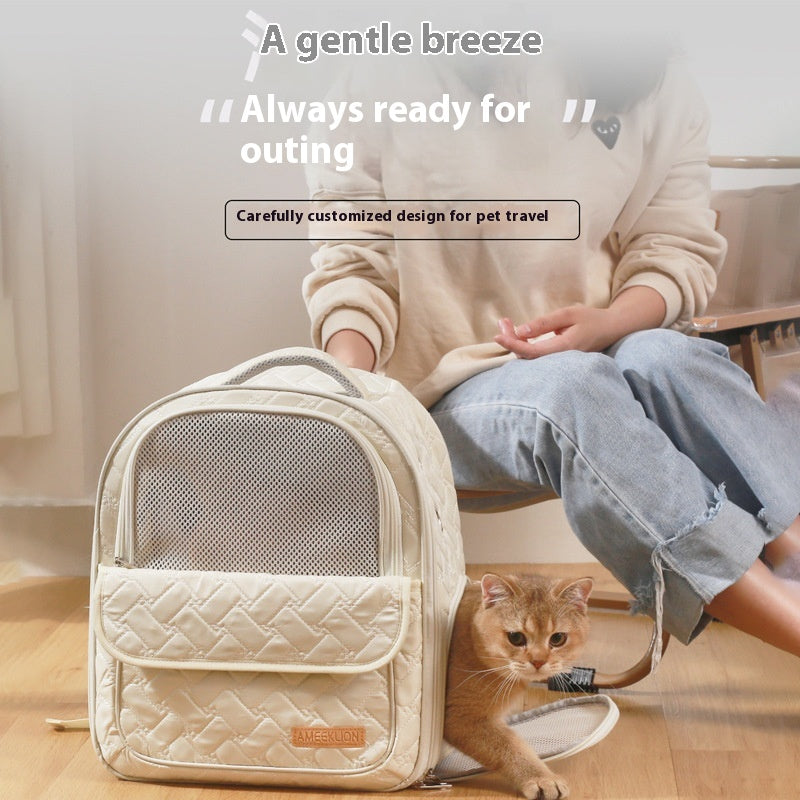 Cat carrier backpack with curtain showing expandable space design