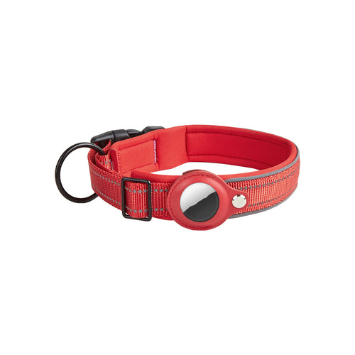 Orange AirTag collar showing leather case protecting Apple tracker