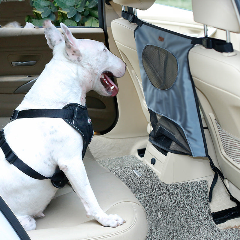 Beige dog rear seat barrier showing 900D waterproof nylon material