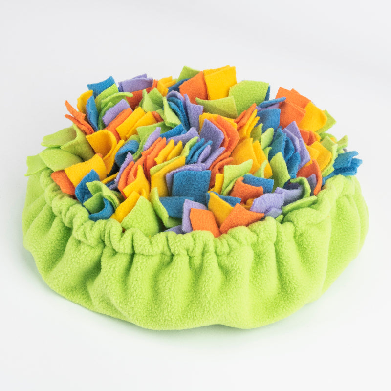 Dog slow feeder mat showing hiding treats between fleece strands