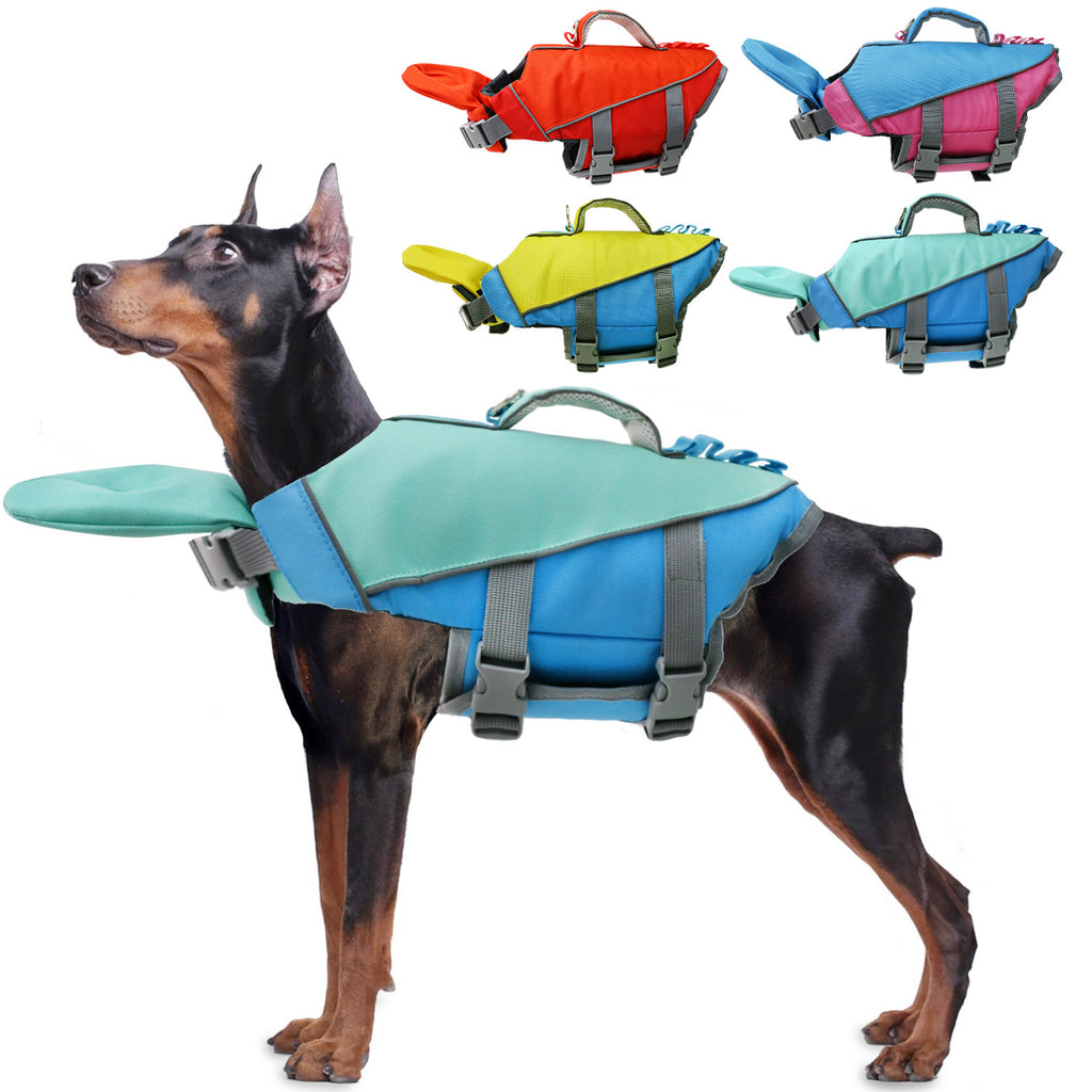 Blue and pink dog life jacket with reflective strips for swimming safety