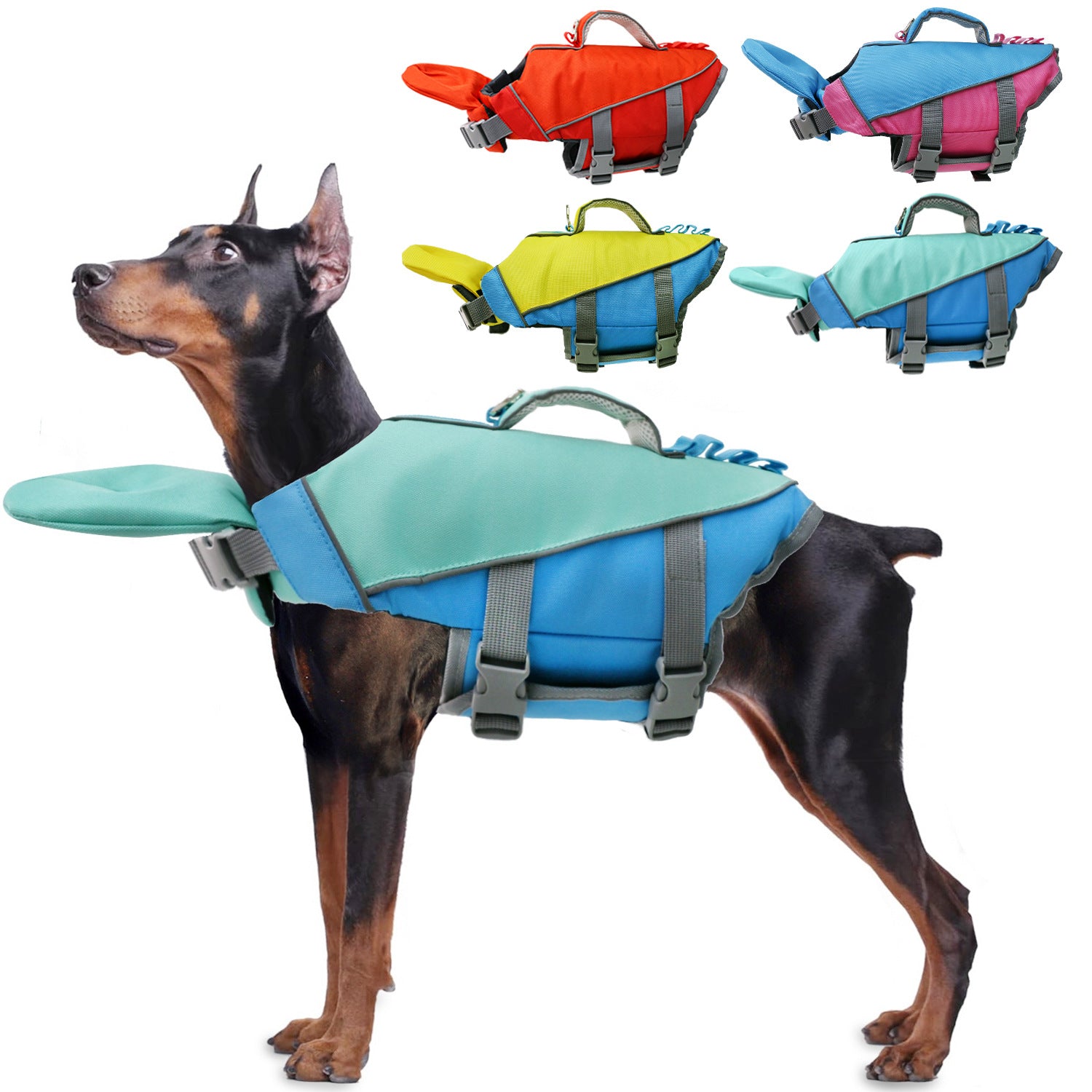 Blue and pink dog life jacket with reflective strips for swimming safety