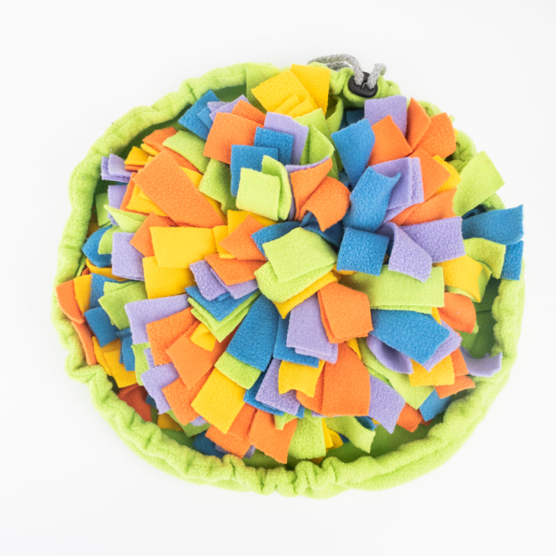 Dog sniffing through snuffle mat to find hidden treats