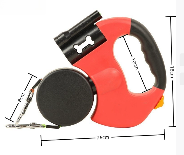 Retractable dog leash handle showing LED light and lock button
