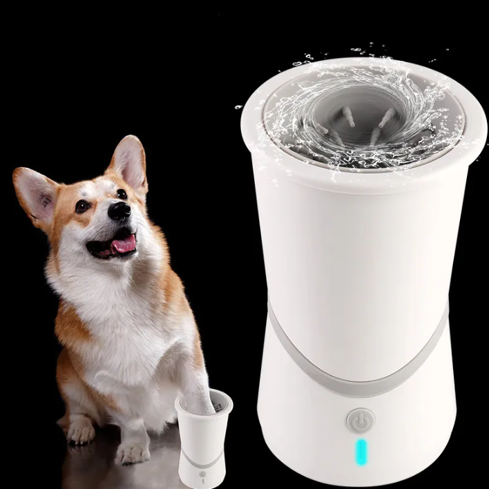 Electric paw cleaner cup showing USB charging port and silicone interior